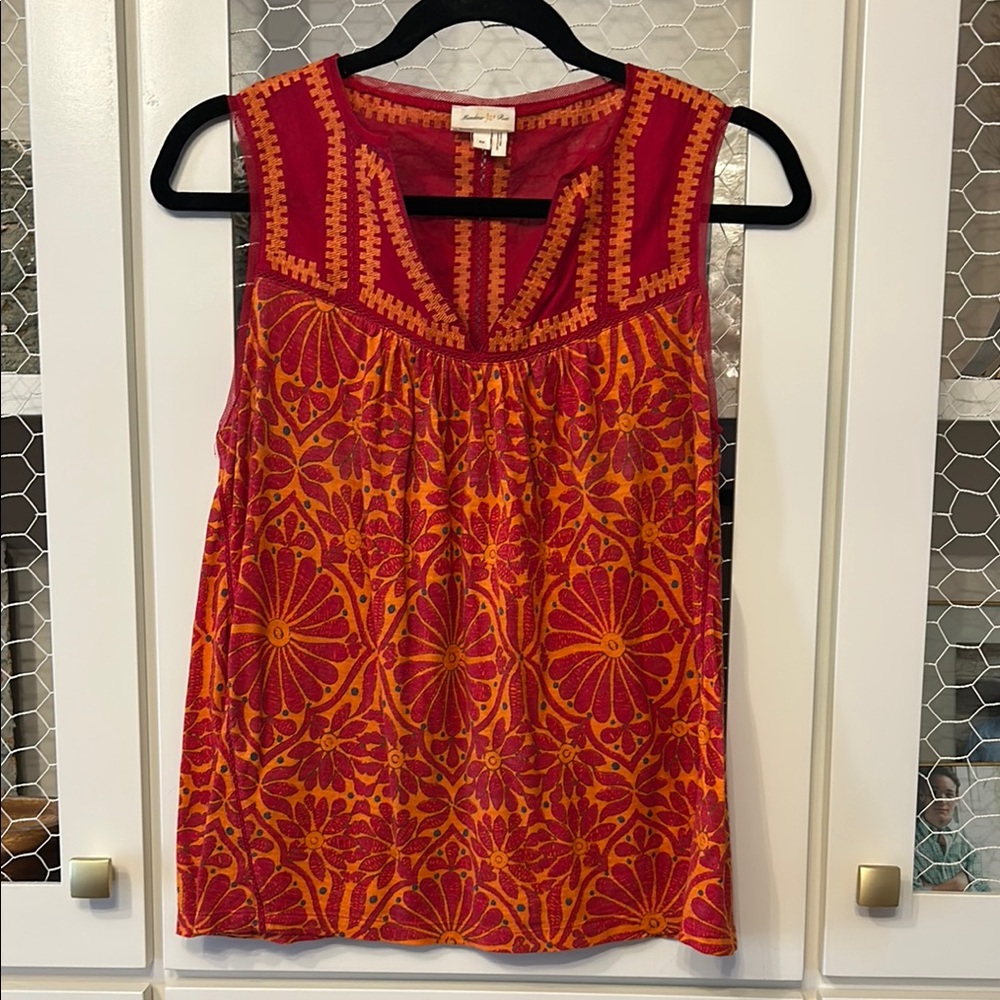 Anthropologie Red and Orange Embroidered Top